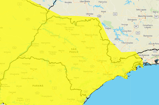 Previsão de chuva no Estado de São Paulo, segundo o INMET