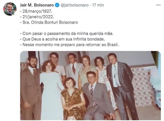 Mãe de Bolsonaro morre aos 94 anos