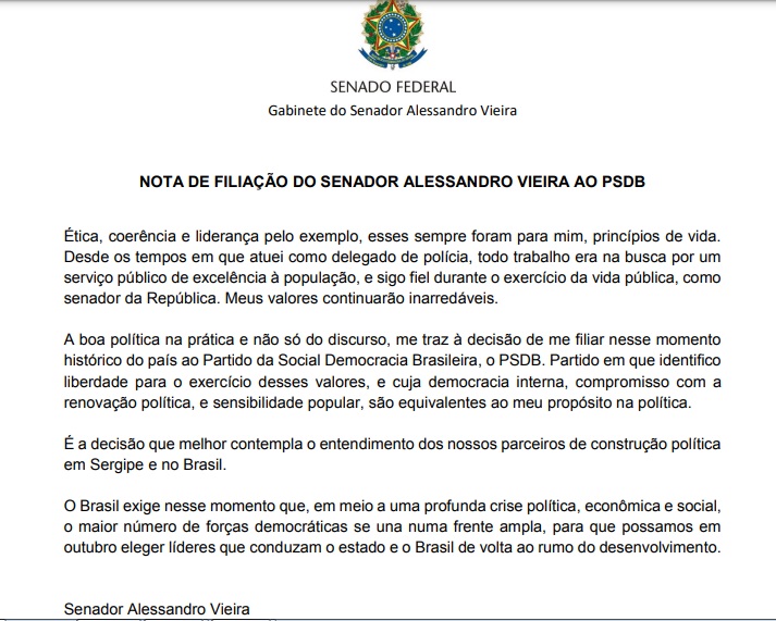 Senador Alessandro Vieira anuncia filiação ao PSDB