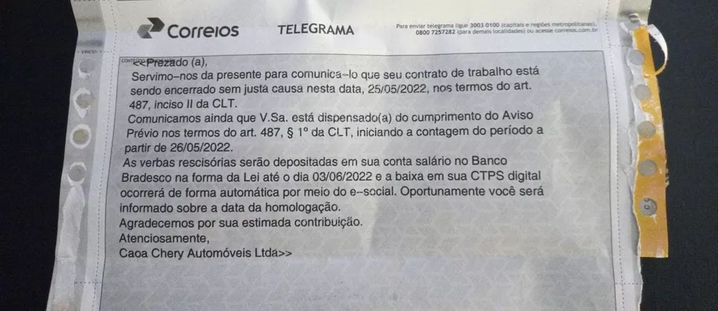 Caoa Chery demite funcionários por telegrama