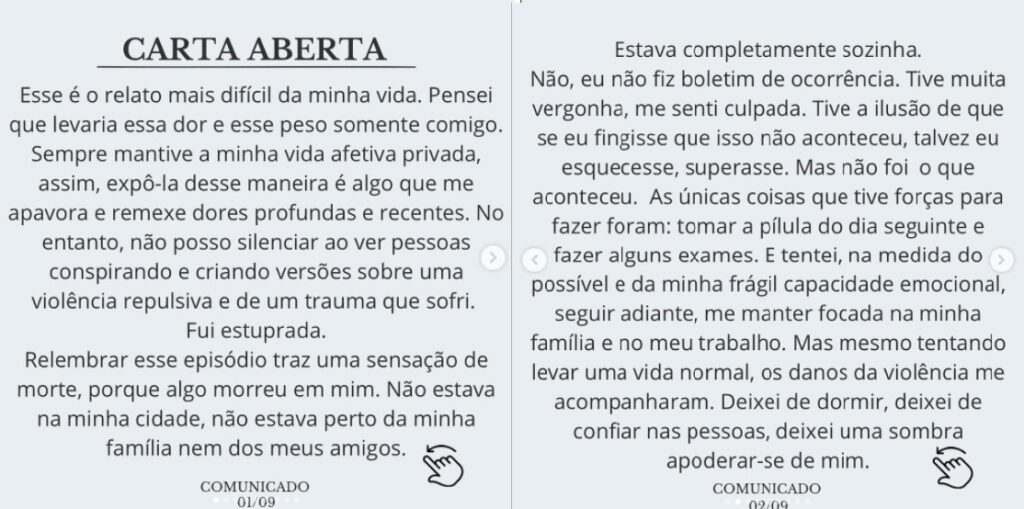 duas primeiras páginas de carta da Atriz Klara Castanho que revela estupro