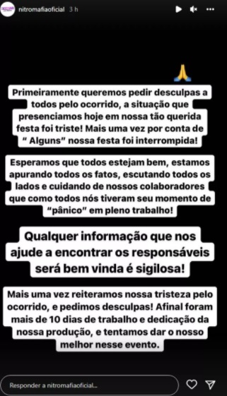 Nota de desculpas da Nitromafia após seu baila funk ter sido encerrado após dois jovens terem sido baleados