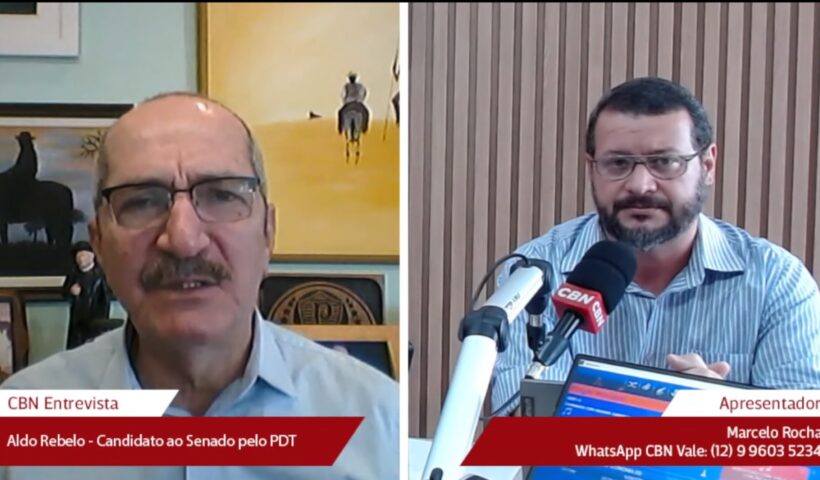 Candidato ao senado, Aldo Rebelo (PDT) sendo entrevistado por Marcelo Rocha, na rádio CBN Vale