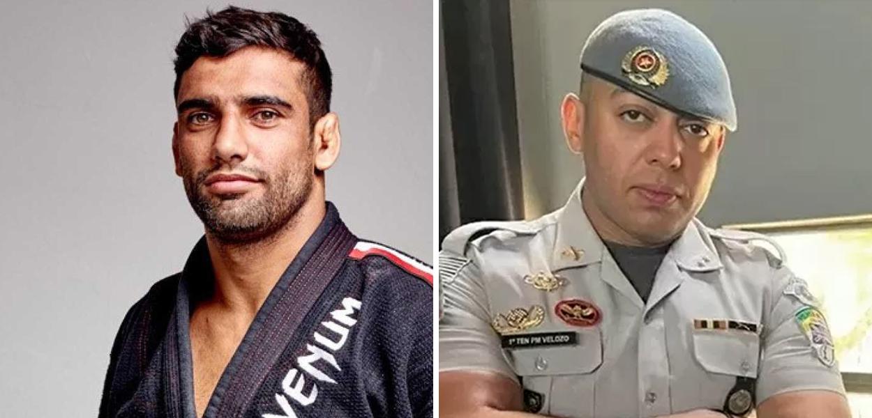Leandro Lo (à esquerda) e o PM Henrique Otávio Oliveira Velozo . Governo paulista suspendeu o salário do policial que matou o lutador