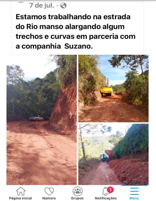 Mensagem em rede social informando que obras de alargamento para o transporte de eucalipto, estão sendo executadas em área de proteção ambiental