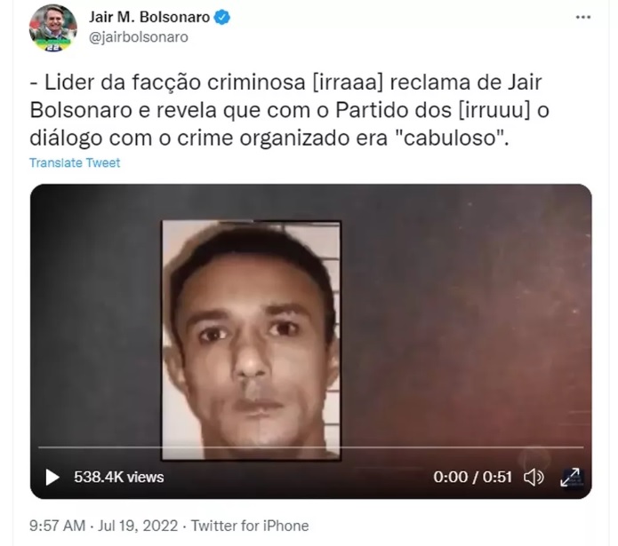 Postagem no Twitter onde Bolsonaro publica vídeo de criminoso que teria suposta associação com o  PT