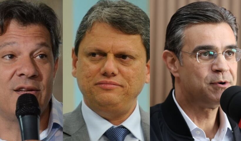 Fotos de Haddad, Tarcísio e Rodrigo, candidatos ao governo de SP. Pesquisa Datafolha
