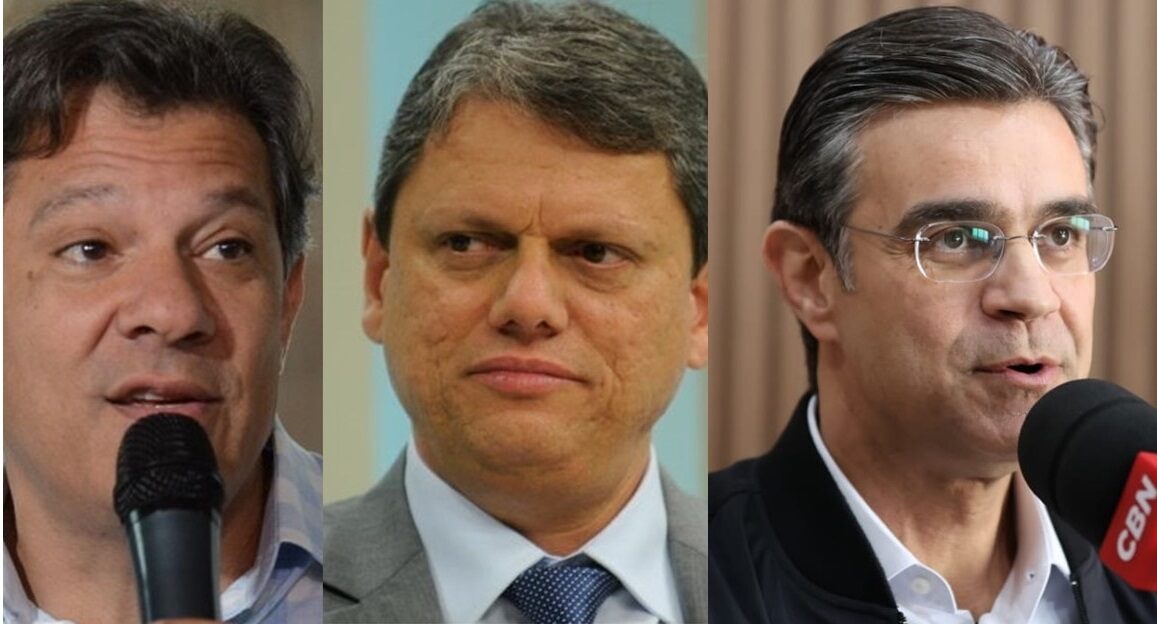 Fotos de Haddad, Tarcísio e Rodrigo, candidatos ao governo de SP. Pesquisa Datafolha