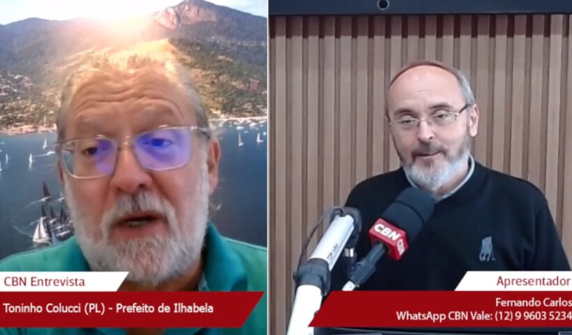 Prefeito de Ilhabela Toninho Colucci e Fernando Carlos da CBN Vale. Prefeito falou sobre travessia de balsa