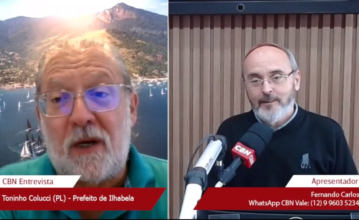 Prefeito de Ilhabela Toninho Colucci e Fernando Carlos da CBN Vale. Prefeito falou sobre travessia de balsas