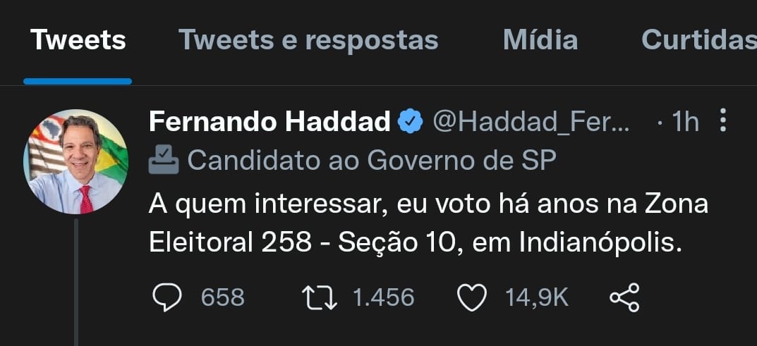Twitter de Fernando Haddad informando seu local de votação em São Paulo