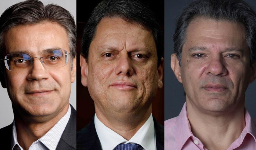 Foto com Rodrigo Garcia, Tarcísio de Freitas e Fernando Haddad. Tarcísio saiu do empate técnico com o atual governador