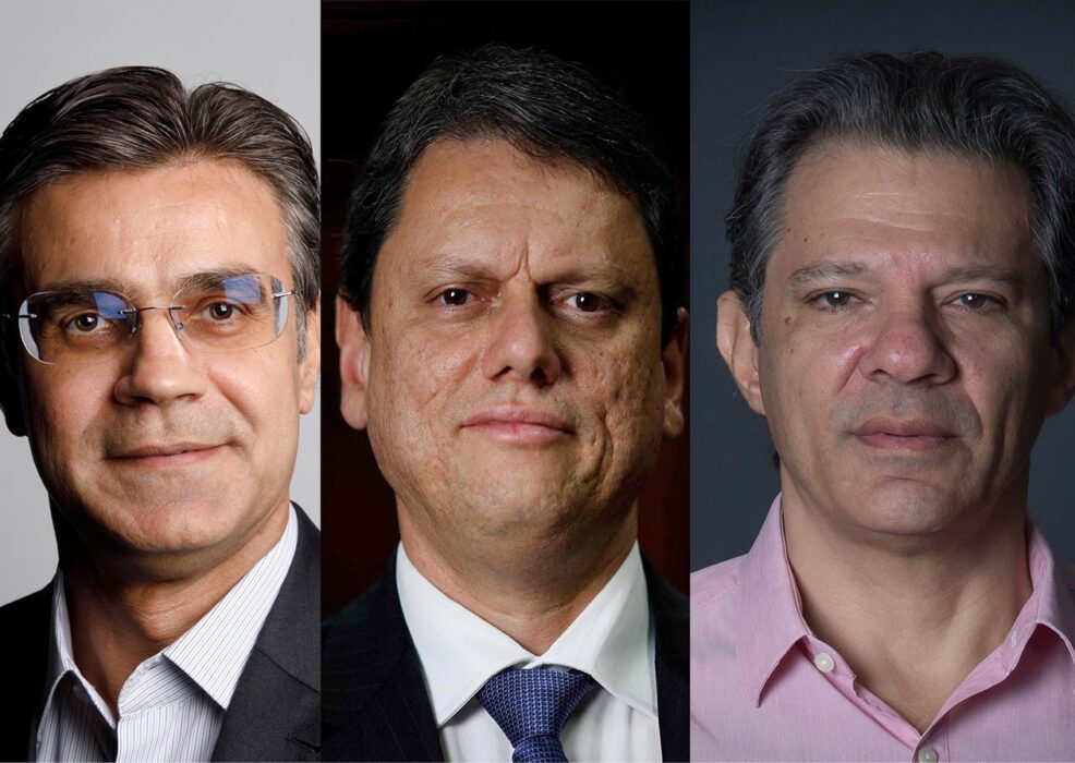 Foto com Rodrigo Garcia, Tarcísio de Freitas e Fernando Haddad. Tarcísio saiu do empate técnico com o atual governador