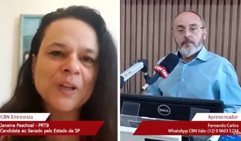 Janaina Paschoal, candidata ao Senado sendo entrevistada por Fernando Calos na CBN Vale
