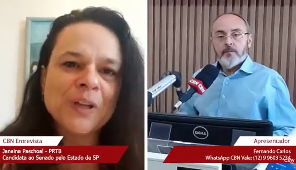 Janaina Paschoal, candidata ao Senado sendo entrevistada por Fernando Calos na CBN Vale