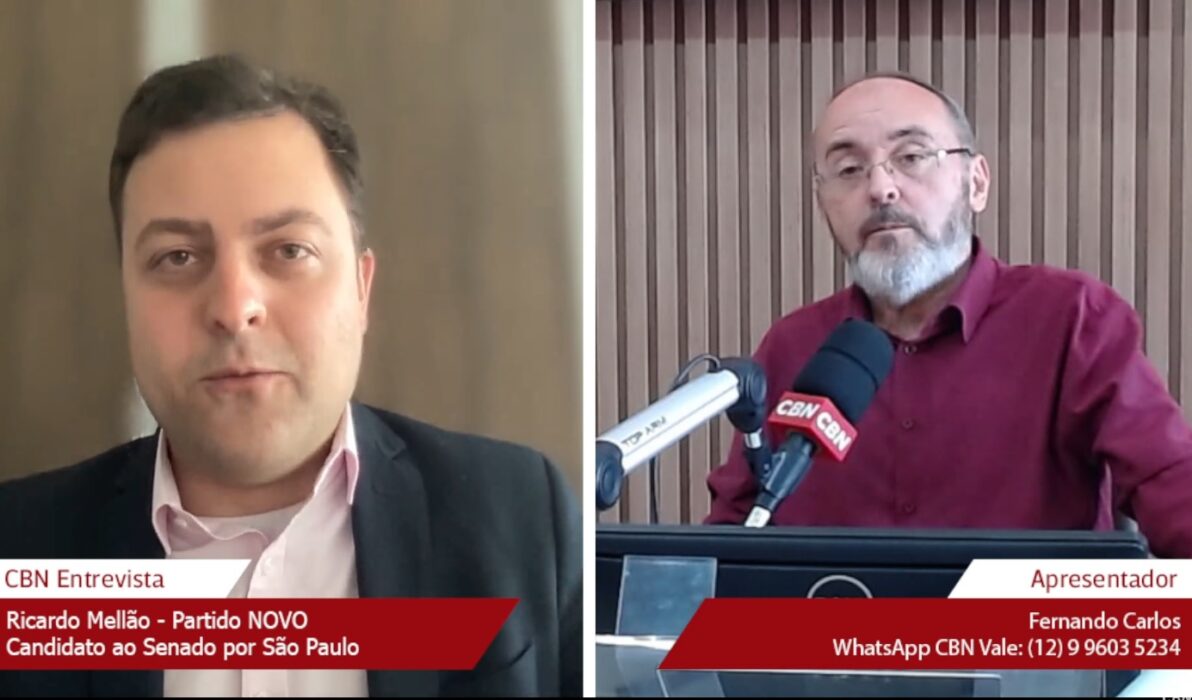 Candidato ao senado pelo partido novo Ricardo Mellão, sendo entrevistado por Fernando Carlos. Candidato defendeu parcelar o 13º salário para ajudar o fluxo de caixa dos empresários