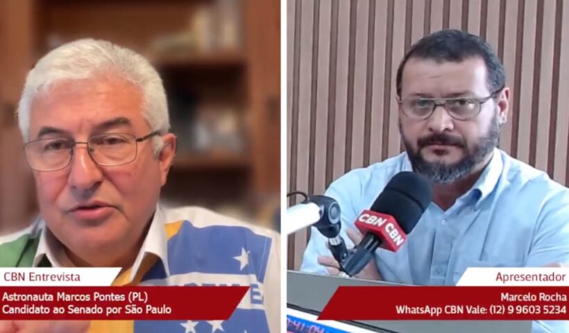 Candidato ao senado Astronauta Marcos Pontes é entrevistado por Marcelo Rocha, na CBN Vale
