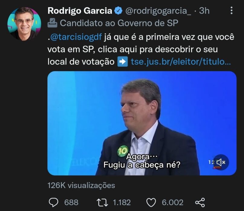 Twitter de Rodrigo Garcia com link para o TSE que informa locais de votação