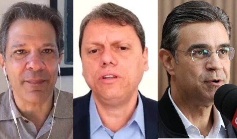 Fernando Haddad, Tarcísio de Freitas e Rodrigo Garcia. Datafolha publicou pesquisa com votos válidos