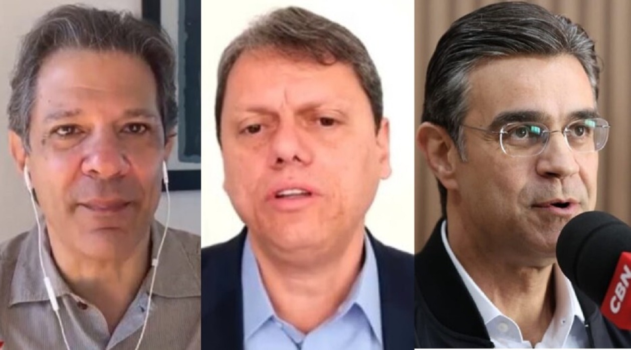 Fernando Haddad, Tarcísio de Freitas e Rodrigo Garcia. Datafolha publicou pesquisa com votos válidos