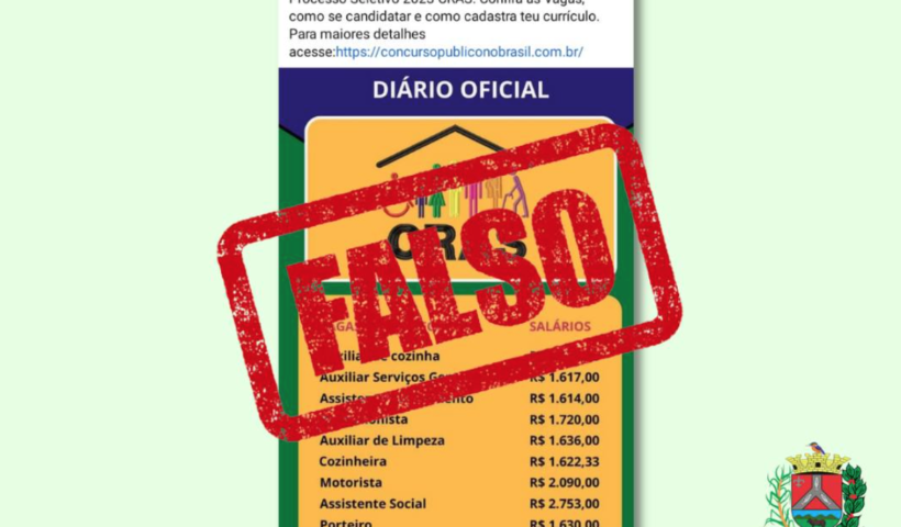 post do falso processo seletivo divulgado na plataforma olx, anuncio amarelo com carimbo escrito "falso" por cima