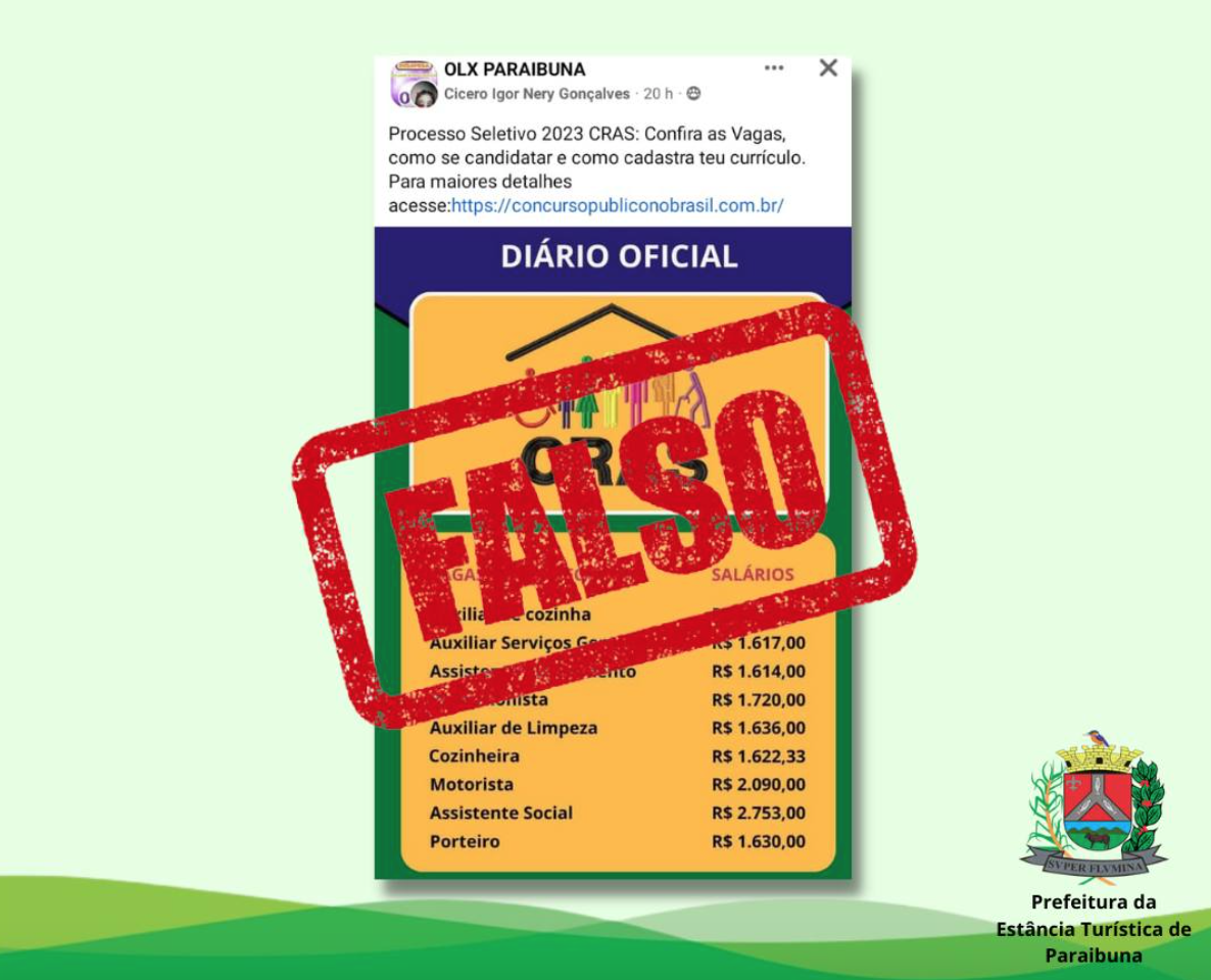 post do falso processo seletivo divulgado na plataforma olx, anuncio amarelo com carimbo escrito "falso" por cima