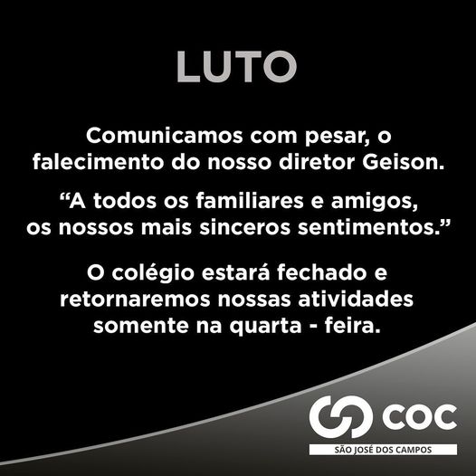 morte de professor: mensagem de luto, com fundo preto, publicada pelo colégio COC de sao jose dos campos.