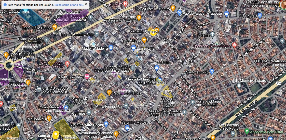 Visão geral do Mapa que destaca o Patrimônio Histórico e Cultural de Taubaté