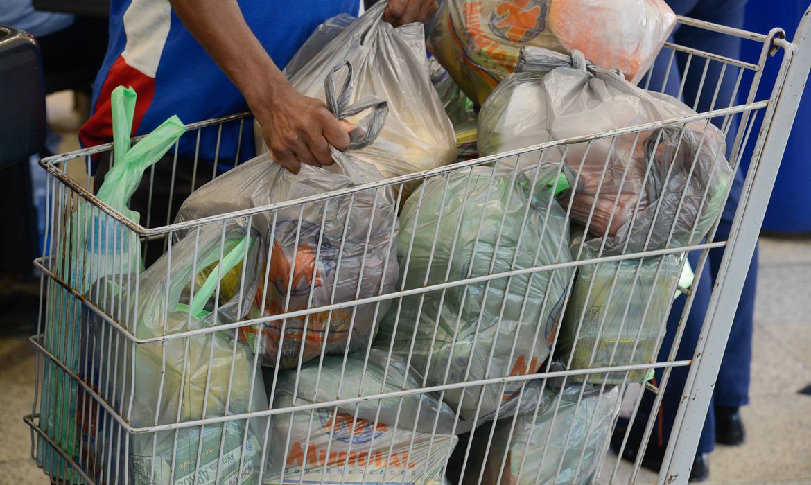 Carrinho de supermercado com compras. Cesta básica no Vale do Paraíba tem alta de 1,39% no mês de março de 2023, aponta Nupes