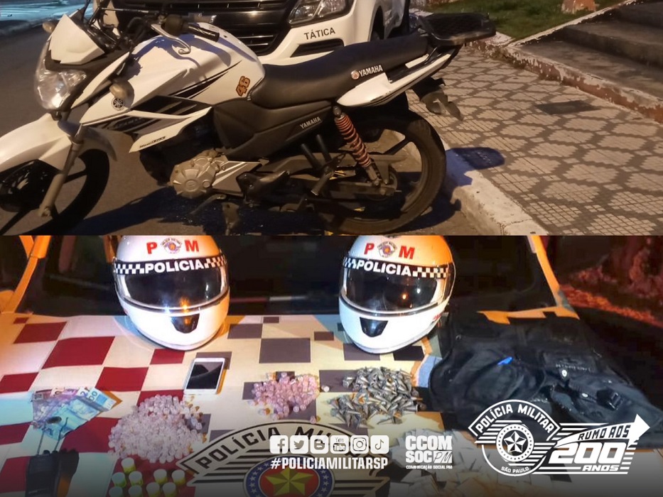 Moto, drogas e cole balistico apreendidos pela polícia militar em Caçapava. Quatro suspeitos foram presos