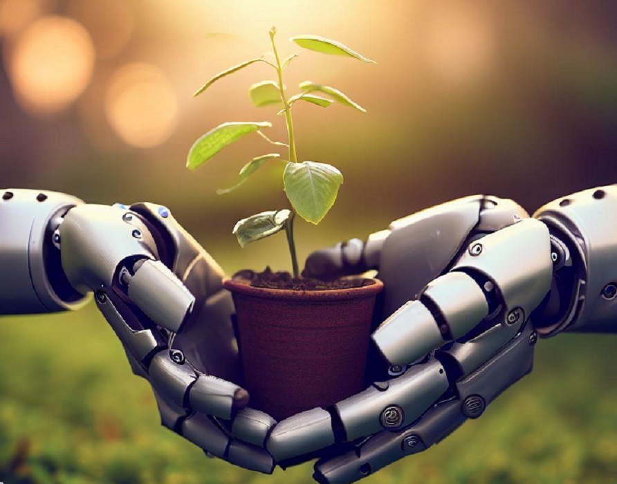 Mãos robóticas segurando uma planta, em alusão ao ecossistema de inovação que se tornou SJC