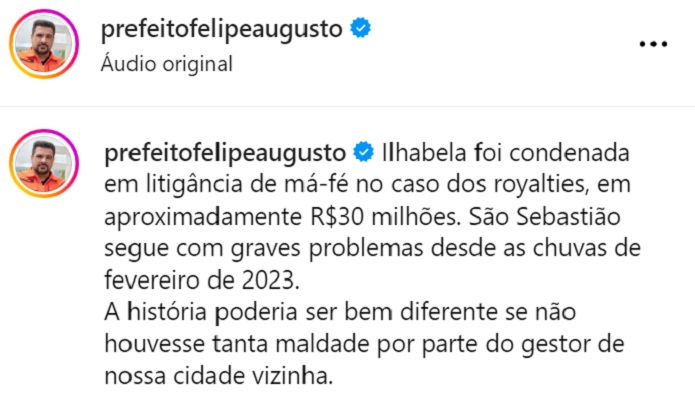 publicação no instagram do Prefeito de São Sebastião, Felipe Augusto