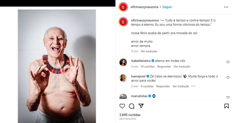 Zé Celso em reprodução no instagram do Teatro Oficina
