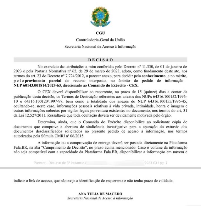 documento da CGU que determina sindicância para que exército entregue documentos solicitados por ufólogos