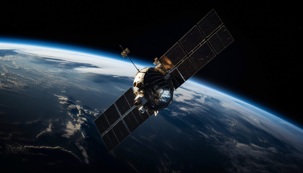um-satelite-em-orbita-com-o-planeta-terra-ao-fundo. Satélites
