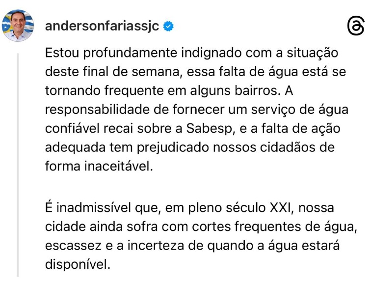 Postagem do prefeito anderson Farias criticando a Sabesp pela falta de água no final de semana que marcou recorde de calor