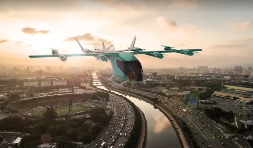 Arte com modelo do eVTOL da embraer. 'Carros voadores' da Embraer lideram ranking mundial de pedidos; empresa estima lucro acima de US$ 8 bilhões