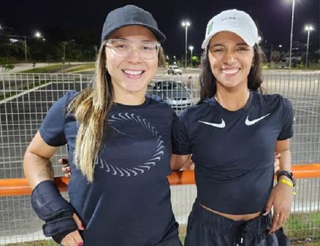 Rayssa Leal e Pâmela Rosa em treinamento na pista de skate da Farma Conde Arena