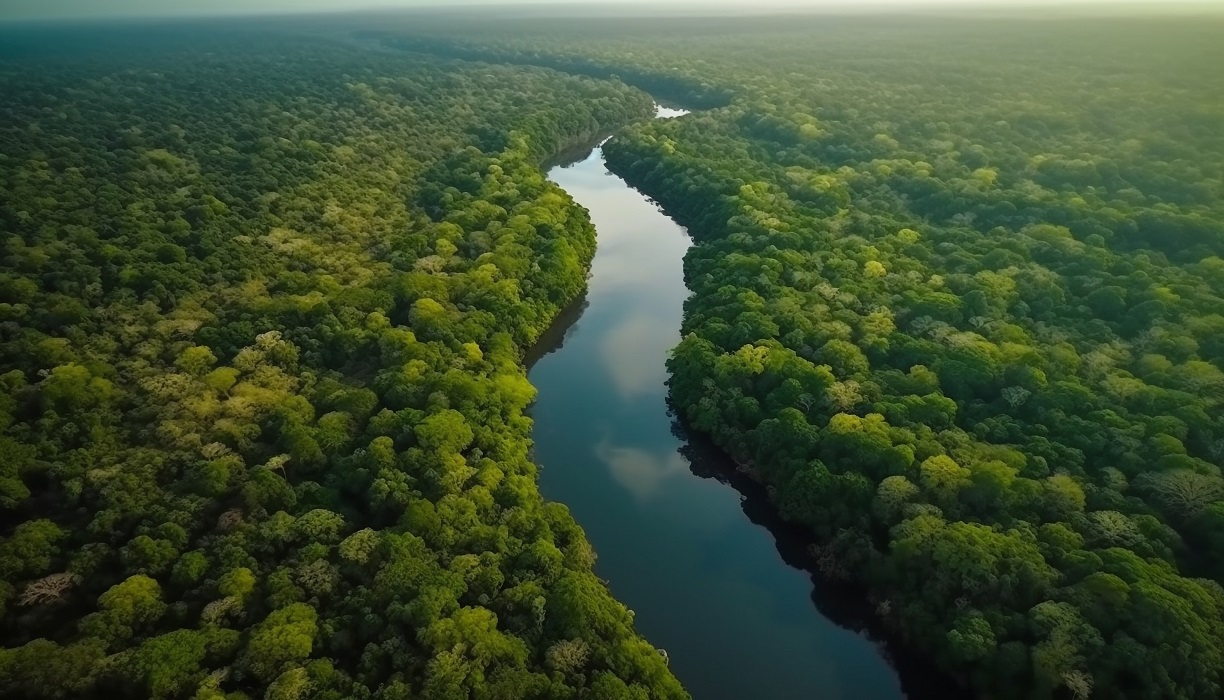 Rio visto de cima cortando uma Selva. Petrobras poderá perfurar poços na Margem Equatorial