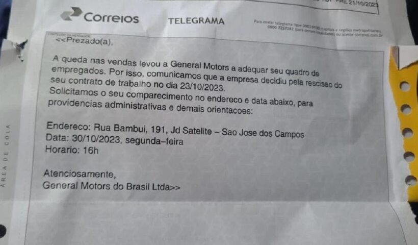 Telegrama recebido por funcionário da GM em SJC. GM demite funcionários por telegrama em três fábricas no Brasil; montadora alega queda nas vendas