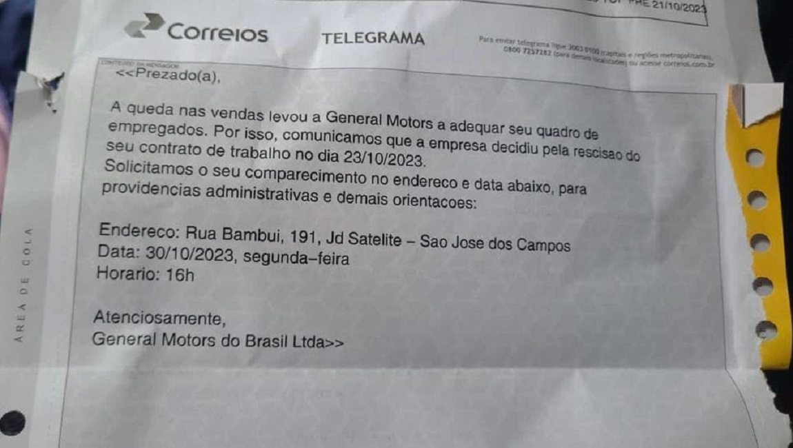 Telegrama recebido por funcionário da GM em SJC.