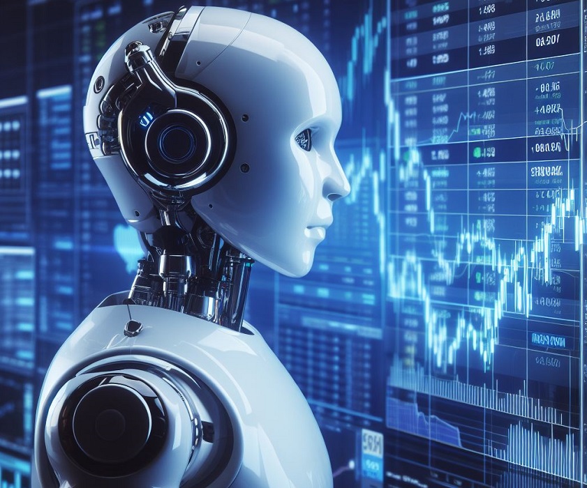 Robô humanoide olhando para tela de investimentos. Robôs investidores