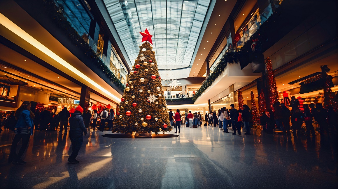 Imagem de saguão de shopping center com uma grande árvore de natal. CBN Mercado de Trabalho: Quer uma vaga de emprego neste final de ano? Confira as dicas!