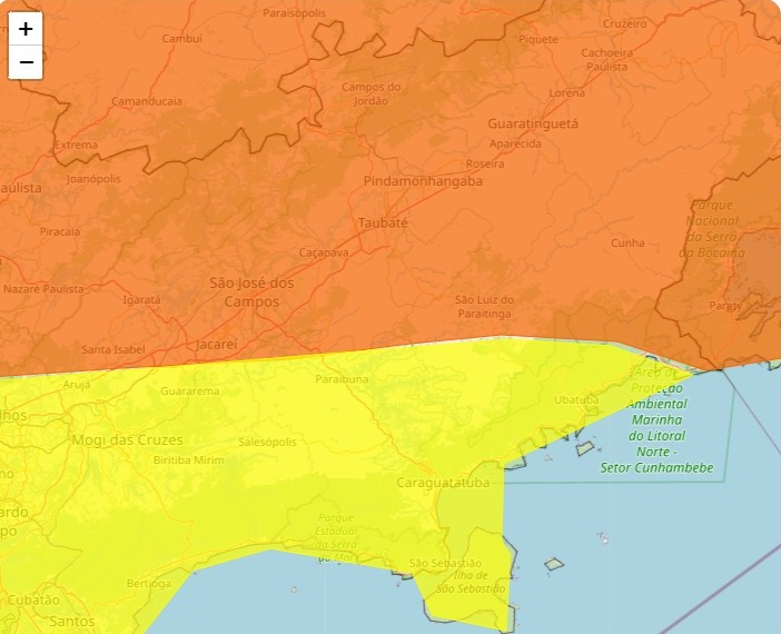 O alerta de tempestades no Vale do Paraíba e Litoral Norte são de níveis amarelo e laranja, classificados como 'perigo potencial' e 'perigo'.