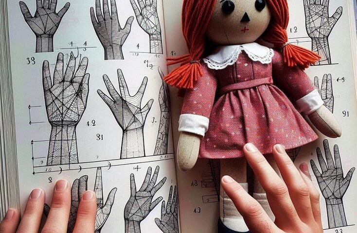 Boneca de pano em cima de livro com mãos humanas sobre os dois.