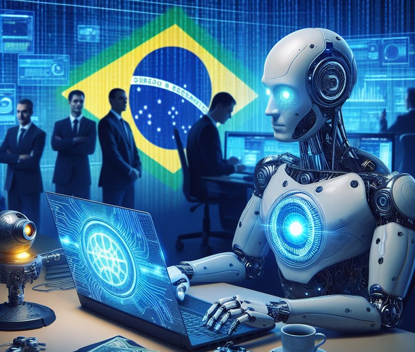 Imagem criada por inteligência artificial, mostra humanoide em frente a um laptop, com executivos humanos ao fundo, e uma bandeira do Brasil, mais ao fundo. INSS vai utilizar inteligência artificial para detectar fraudes