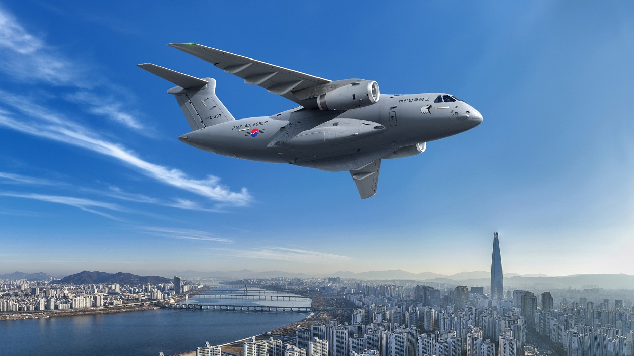 Vista aérea e matinal da Lotte World Tower com apartamentos perto do Rio Han, na Coreia do Sul. Coreia do Sul seleciona Embraer C-390 Millennium