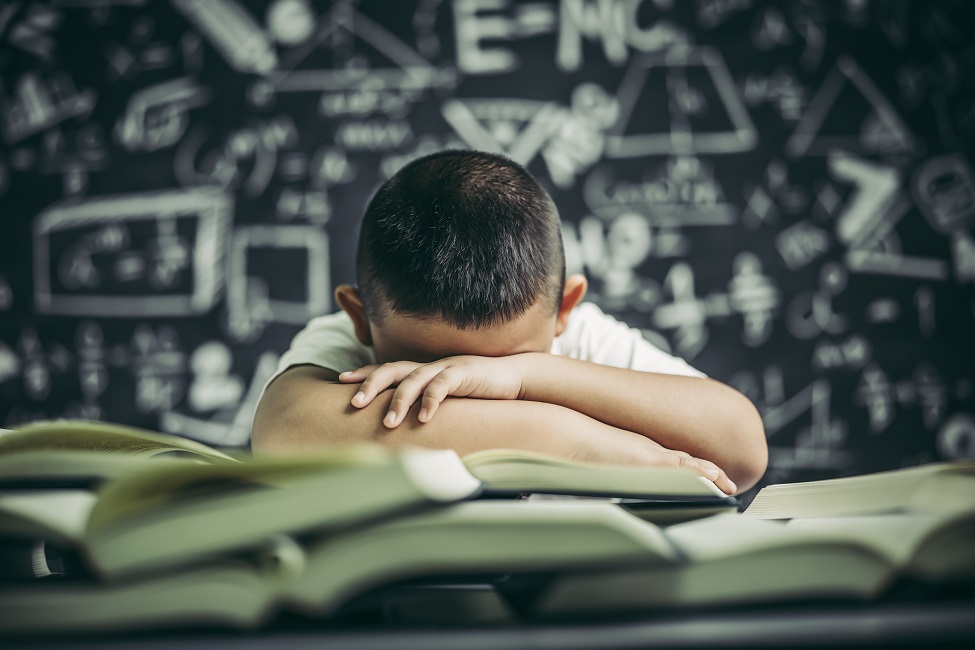 Um menino estudando e sonolento por cima de livros. Pisa: menos de 50% dos alunos sabem o básico em matemática e ciências