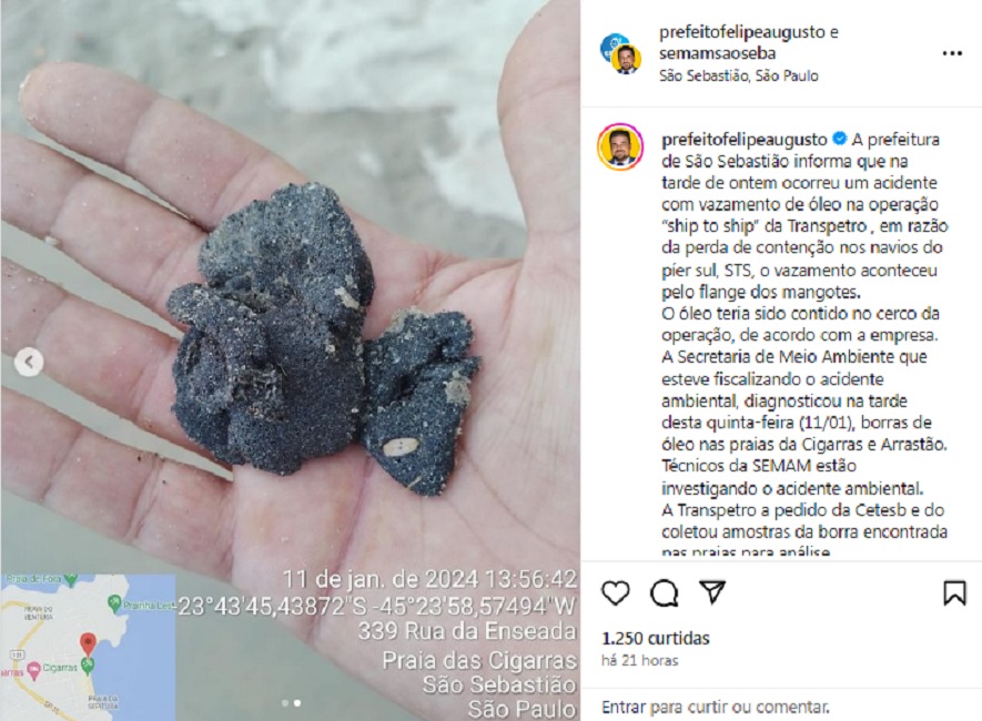 Óleo chega às praias: prefeito Divulga vazamento. Foto: Redes Sociais/Prefeito Felipe Augusto