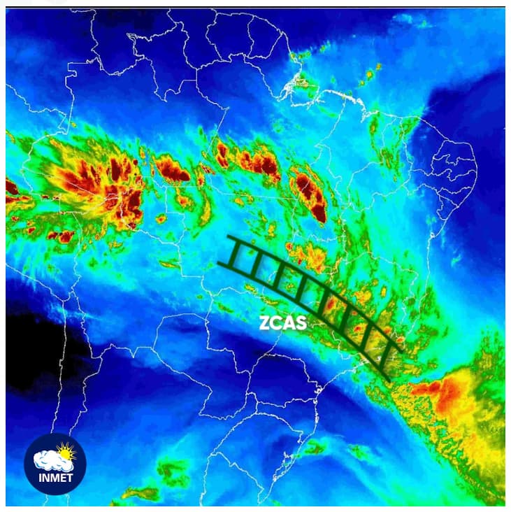 Imagem de satélite do Inmet alertando para pancadas de chuva no primeiro fim de semana de 2024 em algumas regiões do Brasil